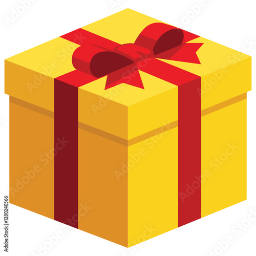 Single yellow square present / gift box with red ribbon bow flat design illustration. Simple isometric vector interface elements for app icon ui ux banner web invitation isolated on white background