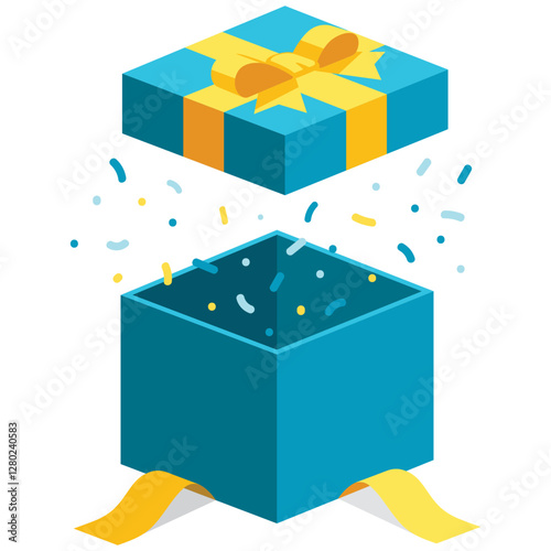 Single blue open giftbox / square present with yellow ribbon bow flat isometric illustration design, surprise with confetti, vector interface app icon ui ux banner web isolated on white background