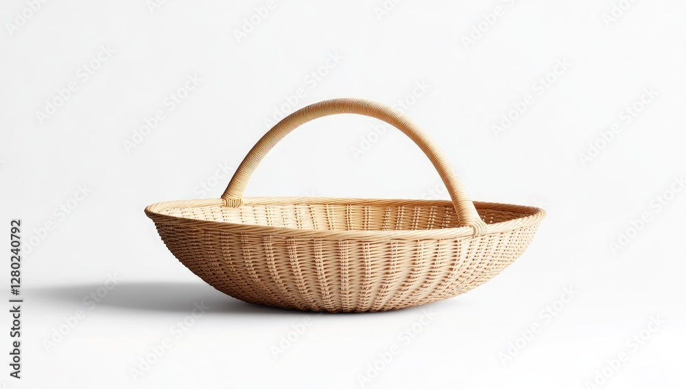 Fototapeta premium Round woven basket with handle on white background