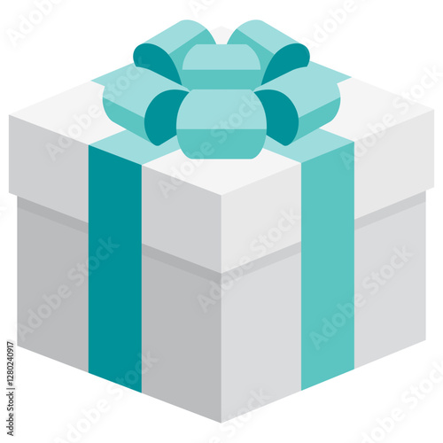 Single white square present / gift box with green ribbon bow flat design illustration. Simple isometric vector interface elements for app icon ui ux banner web invitation isolated on white background