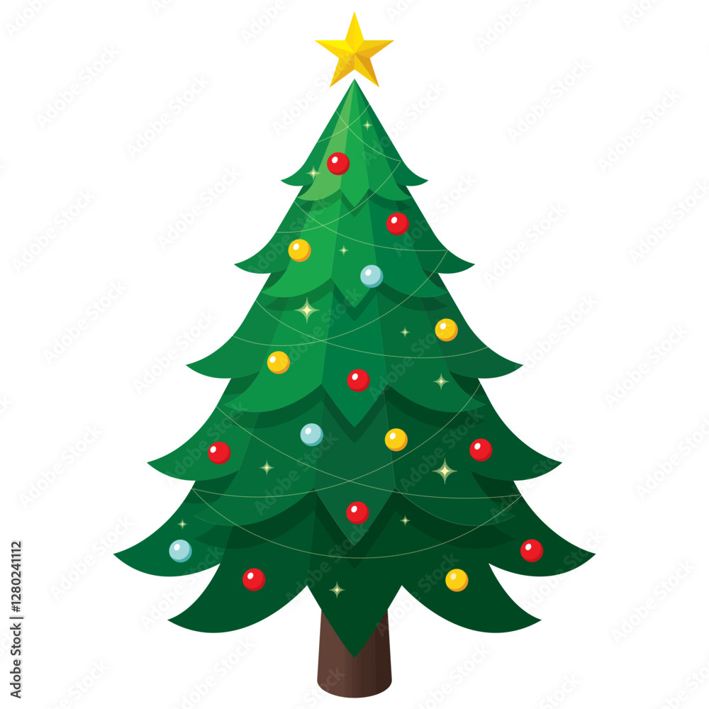 Fototapeta premium Simple green Christmas tree with colourful presents seasonal theme concept flat design isometric illustration, vector ui interface elements for icon app web banner card isolated on white background