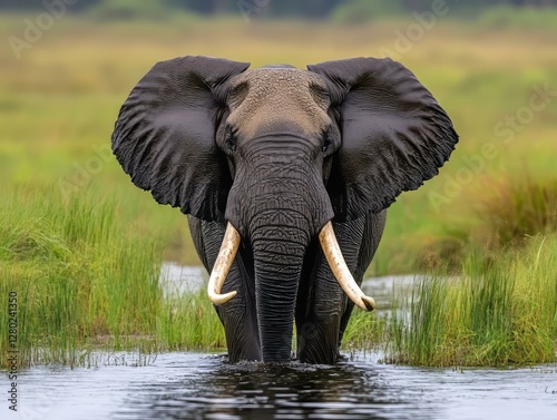 Majestic elephant wading in african wetlands close-up wildlife photography of its natural habitat