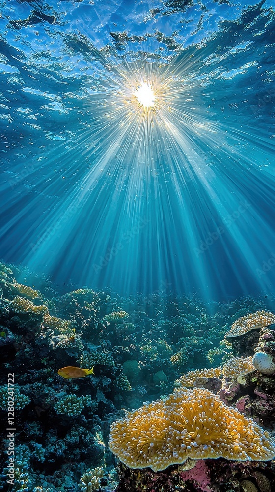 Obraz premium Coral reef underwater scene with sunbeams penetrating the deep blue ocean water