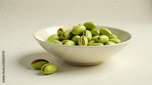 A bowl filled with fresh, vibrant green nuts, showcasing their natural beauty and healthy appeal, accompanied by a few more nuts outside the bowl, emphasizing abundance and wholesomeness