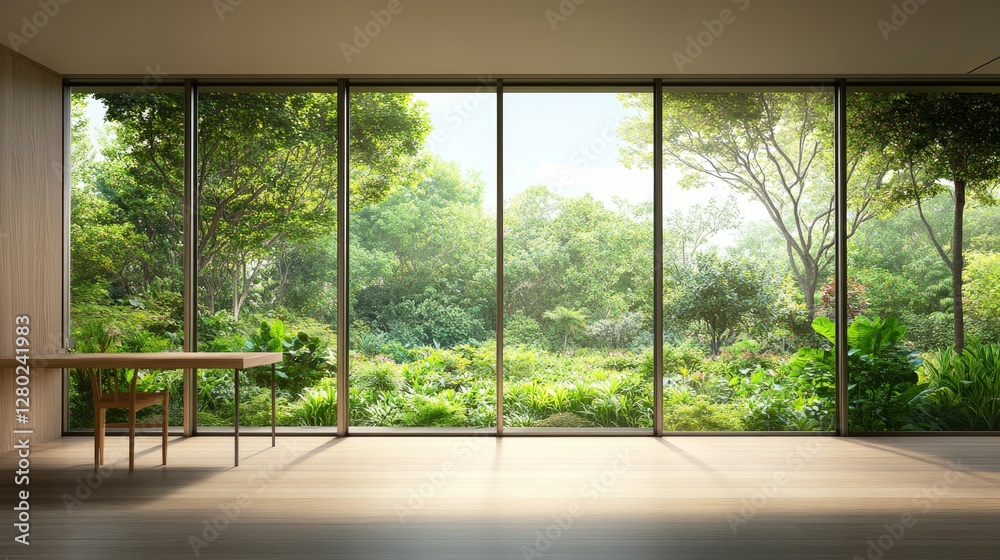 Bright Indoor Space with Large Windows Overlooking Lush Greenery Bright Indoor Space with Large Windows Overlooking Lush Greenery