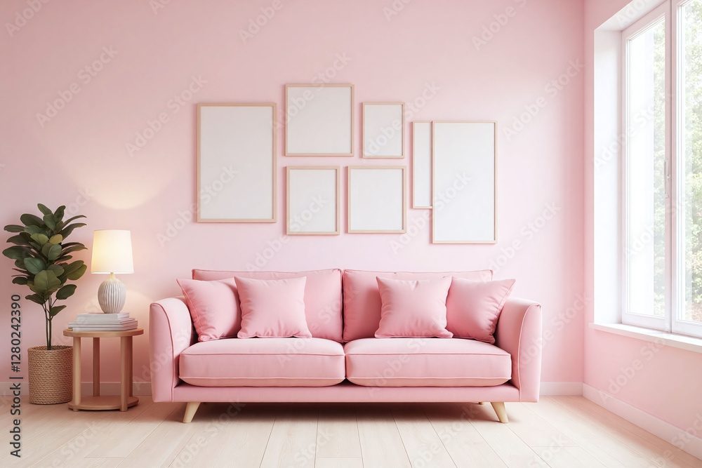 Fototapeta premium modern living room pink sofa light pink walls framed pictures