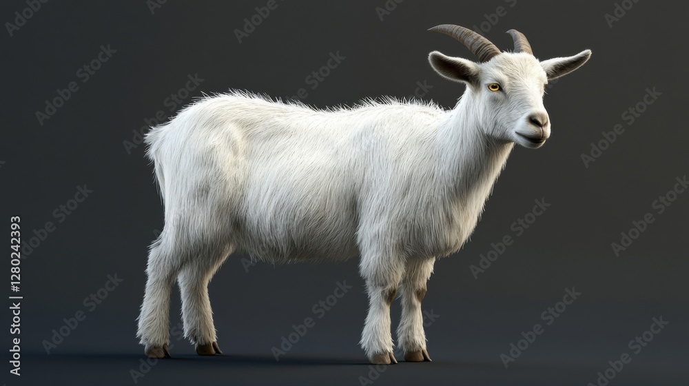Fototapeta premium White Fluffy Goat Standing on Gray Background