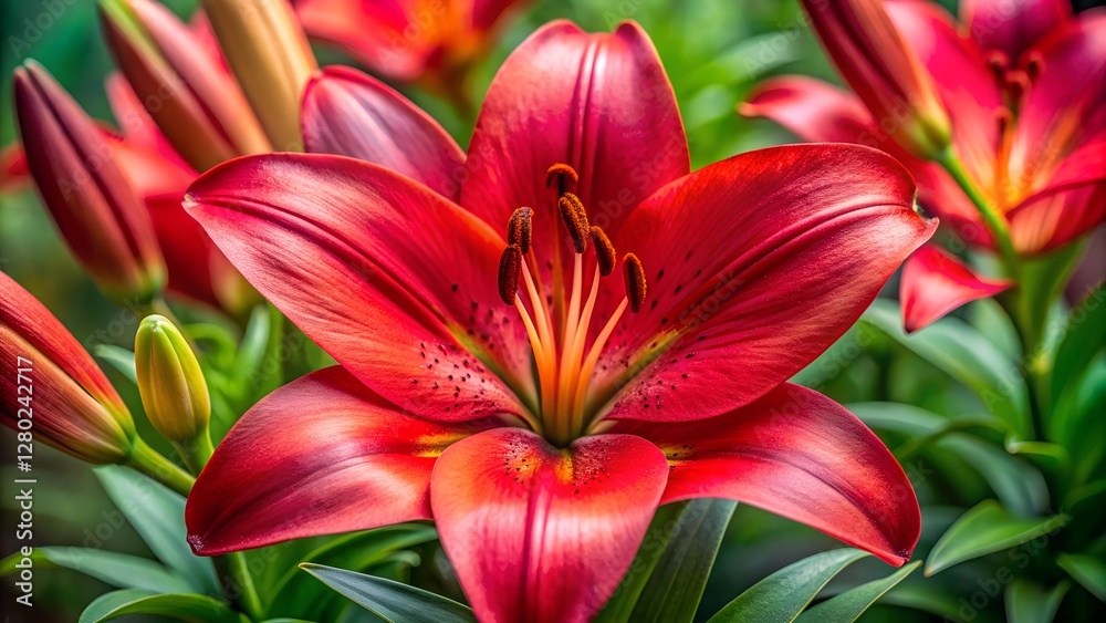 a close up of a red lily flower in Garden a close up of a red lily flower in Garden