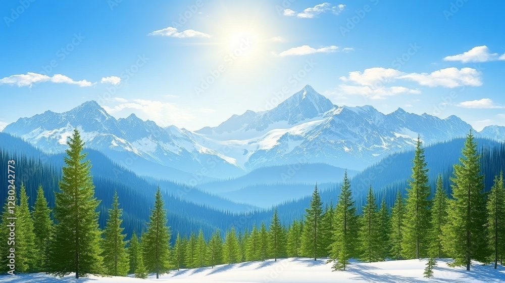 Snowy Mountain Peaks and Evergreen Forest Under a Bright Sun Perfect Winter Scenery Holiday Destination Calm Serene Nature Snowy Mountain Peaks and Evergreen Forest Under a Bright Sun Perfect Winter Scenery Holiday Destination Calm Serene Nature