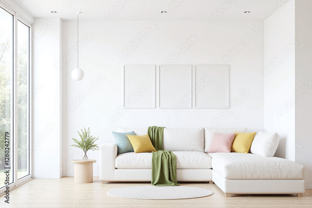 Fototapeta premium modern living room white color scheme white sofa green blanket