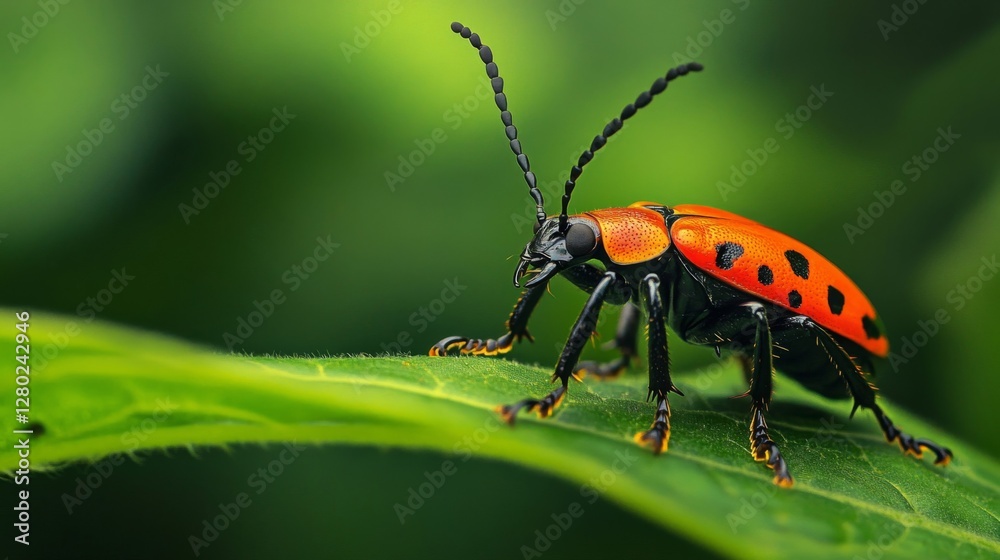 Red And Black Spotted Beetle On A Green Leaf Red And Black Spotted Beetle On A Green Leaf