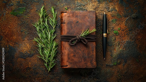 Rustic Leather Journal Rosemary Sprigs and Pen