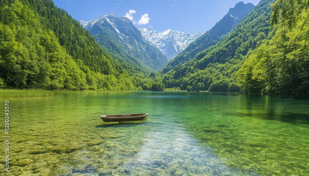 Serene Mountain Lake with Crystal Clear Water and Wooden Boat Serene Mountain Lake with Crystal Clear Water and Wooden Boat