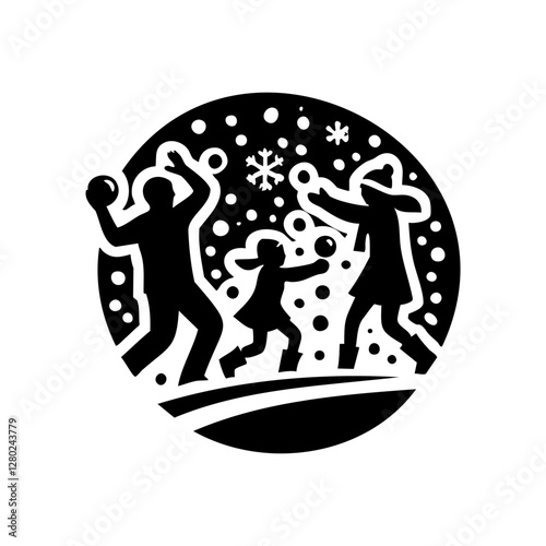 Black and White Winter Snowball Fight Illustration
