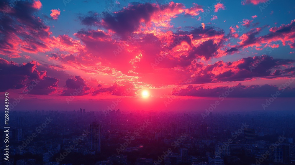 Vibrant Sunset over Cityscape: A Stunning Aerial View of Pink and Blue Hues Vibrant Sunset over Cityscape: A Stunning Aerial View of Pink and Blue Hues