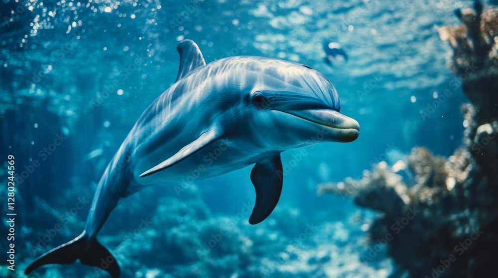 Fototapeta premium Playful Dolphin Swimming in Vibrant Blue Ocean