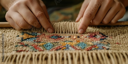 Weaver Hands Working on Wooden Loom Crafting Traditional Textile