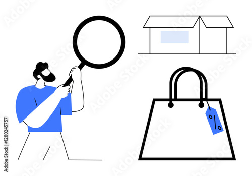 Man holding magnifying glass, shopping bag with discount tag, and a simple warehouse. Ideal for retail analysis, discount shopping, e-commerce, logistics, supply chain, market research consumer