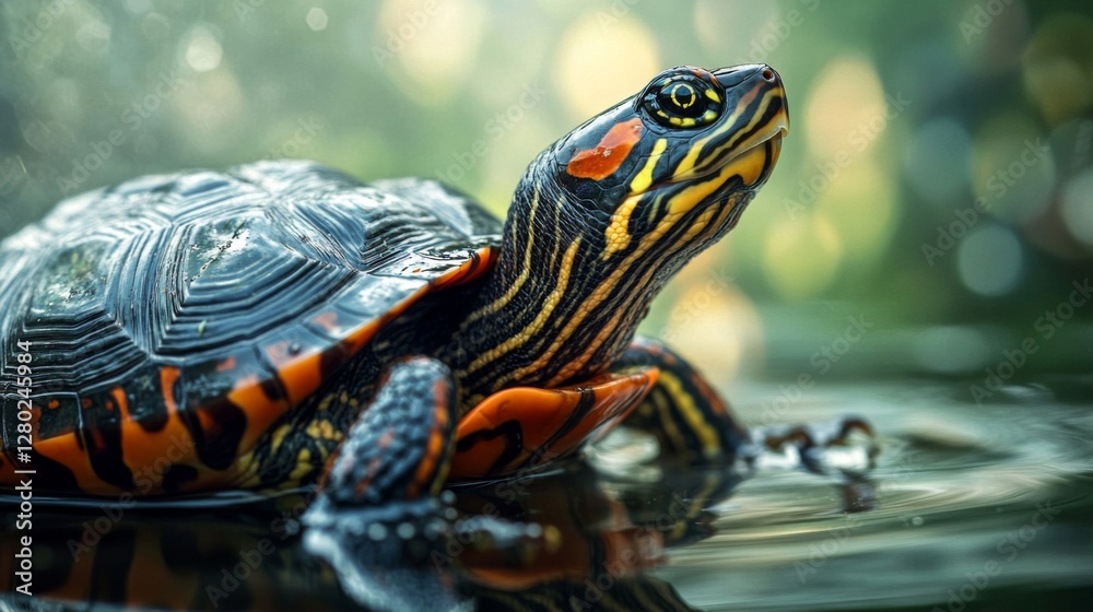 Fototapeta premium Vibrant Black and Orange Turtle in a Pond
