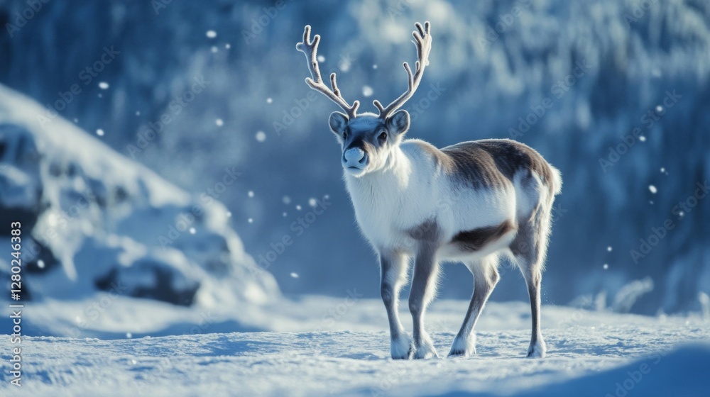 White Reindeer in Snowy Arctic Landscape White Reindeer in Snowy Arctic Landscape
