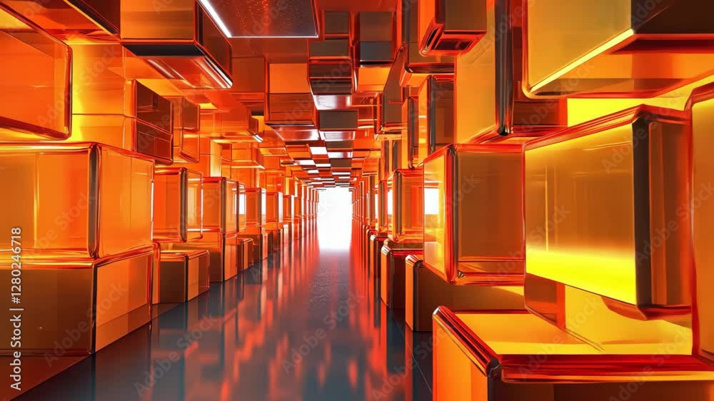 Vibrant orange tunnel made of smooth blocks creating a seamless pathway in an abstract space, 3d tunnel orange smooth blocks, seamless