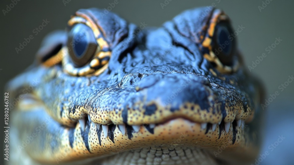 Fototapeta premium Close Up of Alligator Face, Blue Gray Scales, Sharp Teeth, Detailed Texture