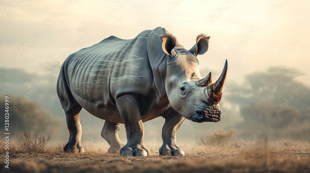 Obraz premium White Rhinoceros in African Savanna at Sunrise