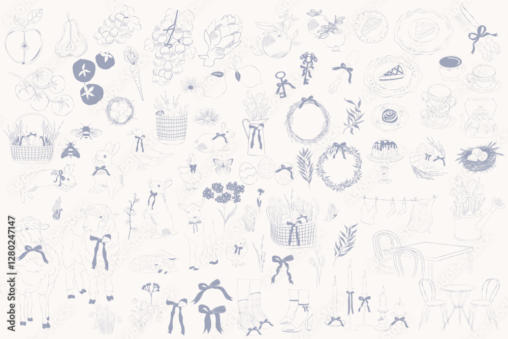 Collection of countryside line art clipart. Cottagecore icon. Village Aesthetic linear objects set. Editable vector illustration