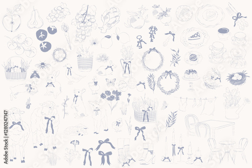 Collection of countryside line art clipart. Cottagecore icon. Village Aesthetic linear objects set. Editable vector illustration