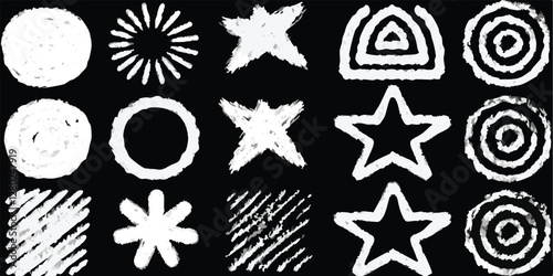vector collection features a chalk doodle set, pencil scribble texture collection, vector punk charcoal brushstrokes, grungy hand-drawn crayon textures, lines, highlights, and underlines, all on a bla
