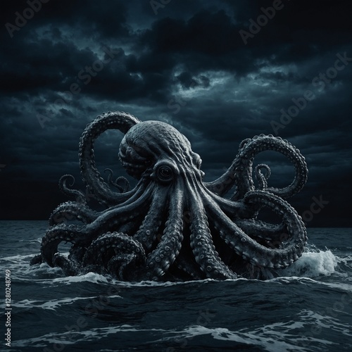 An ancient kraken rises from the ocean, its tentacles curling elegantly, with a pure black background.