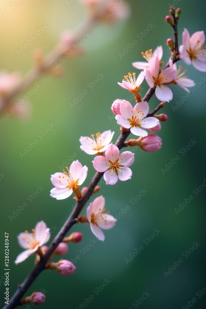 Obraz premium Delicate branch with tiny, pastel-colored flowers, foliage, tree, delicate