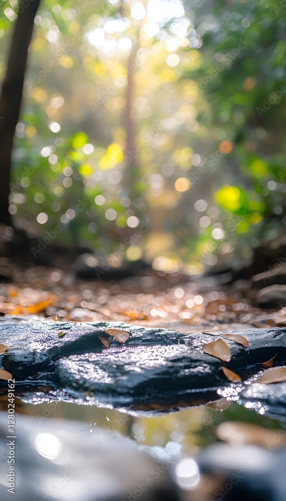Fototapeta premium Sunlight filters through a blurred forest landscape with natural surroundings