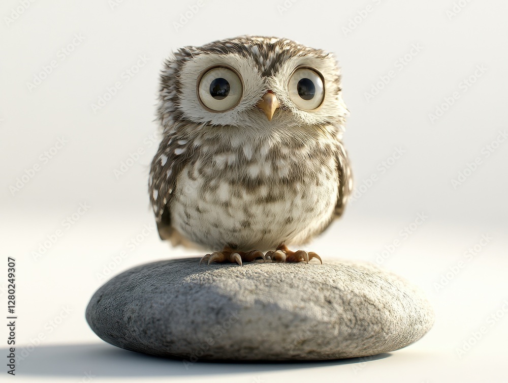 Obraz premium Adorable Fluffy Owl Perched on Gray Stone Against White Background