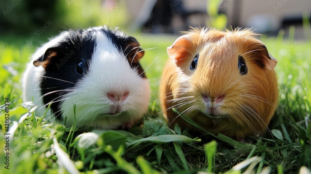 Two Guinea Pigs in Green Grass