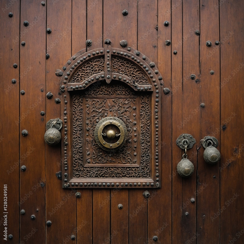 Fototapeta premium A beautifully arranged traditional Persian traditional wooden door, adorned with symbolic metal knockers, isolated on a clear background.