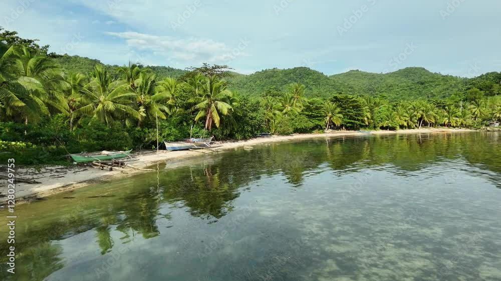 Tranquil Tropical Cove in the Philippines: Clear Water, Boats, and Lush Green Hills Tranquil Tropical Cove in the Philippines: Clear Water, Boats, and Lush Green Hills