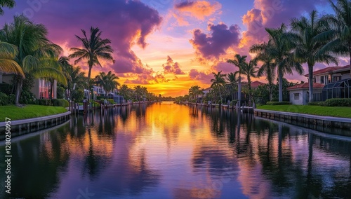 Spectacular Sunset over Tropical Canal Homes