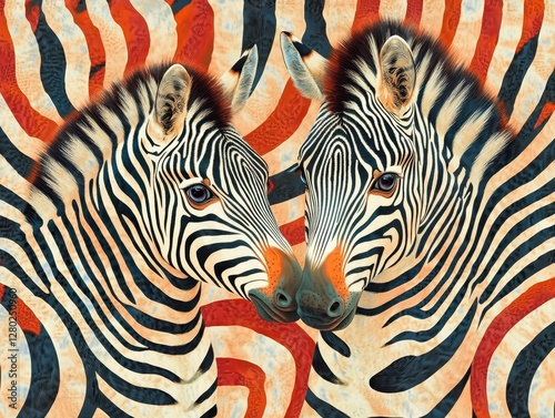 Two Zebras Close Up Portrait Against Abstract Red and Orange Swirl Background