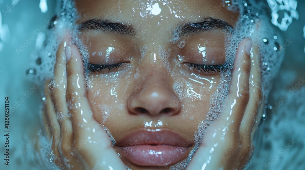 Serene Woman Cleansing Face with Bubbles in Soft Blue Water Serene Woman Cleansing Face with Bubbles in Soft Blue Water