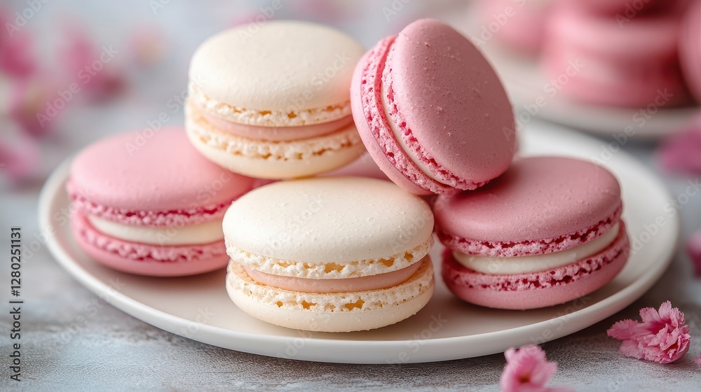 Delicate Pink and White Macarons Stacked on White Plate with Floral Accents Delicate Pink and White Macarons Stacked on White Plate with Floral Accents