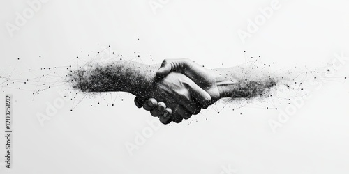 Handshake forms connection and agreement within a digital network. Partnership through technology showcases a geometric integration. Monochrome, futuristic illustration. Suited for corporate unity