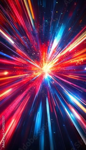 An abstract digital illustration of bright beams and colors