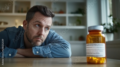 Worried user glancing at a prescription bottle with an unreadable label. Featuring confusion and concern