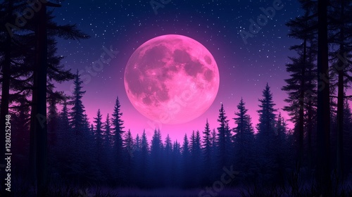 Pinkmoonlit nightscape pixelated forest a digital dream fantasy scene a celestial pink full moon over whimsical pines and stars