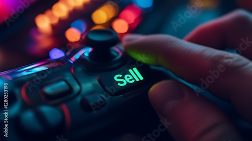 A close-up of a gamer’s hand pressing a glowing green 