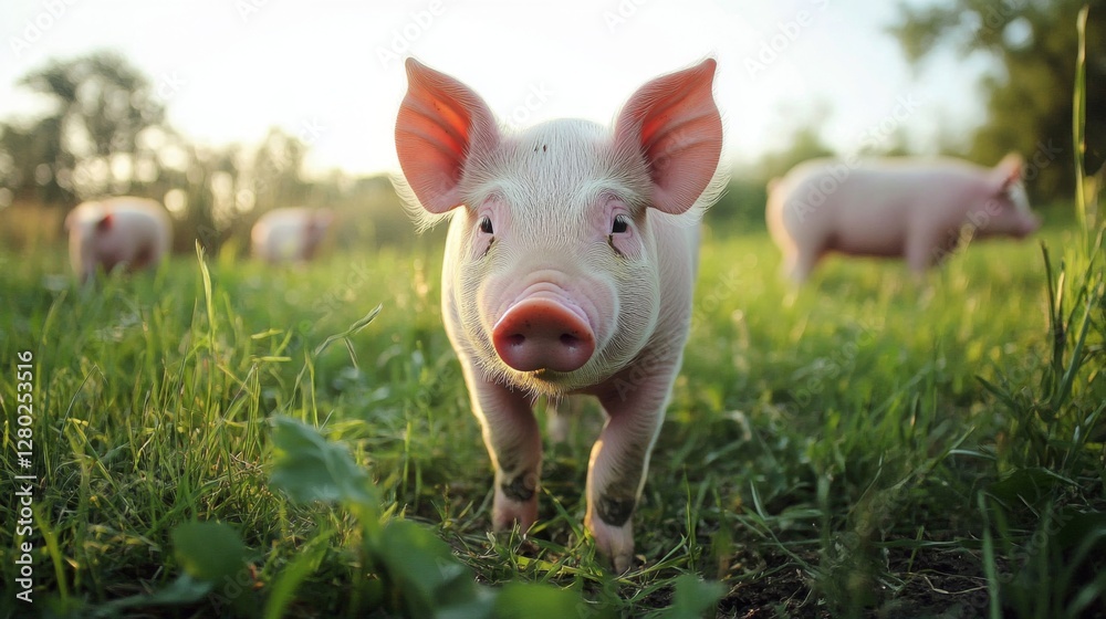 Pink Piglet in a Lush Green Pasture Pink Piglet in a Lush Green Pasture
