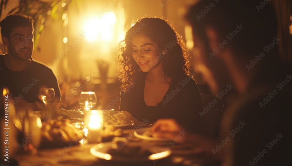 Smiling Woman Enjoying a Candlelit Dinner with Friends Smiling Woman Enjoying a Candlelit Dinner with Friends