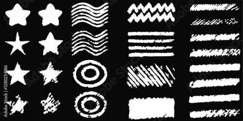 vector collection features a chalk doodle set, pencil scribble texture collection, vector punk charcoal brushstrokes, grungy hand-drawn crayon textures, lines, highlights, and underlines, all on a bla