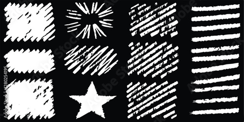 vector collection features a chalk doodle set, pencil scribble texture collection, vector punk charcoal brushstrokes, grungy hand-drawn crayon textures, lines, highlights, and underlines, all on a bla